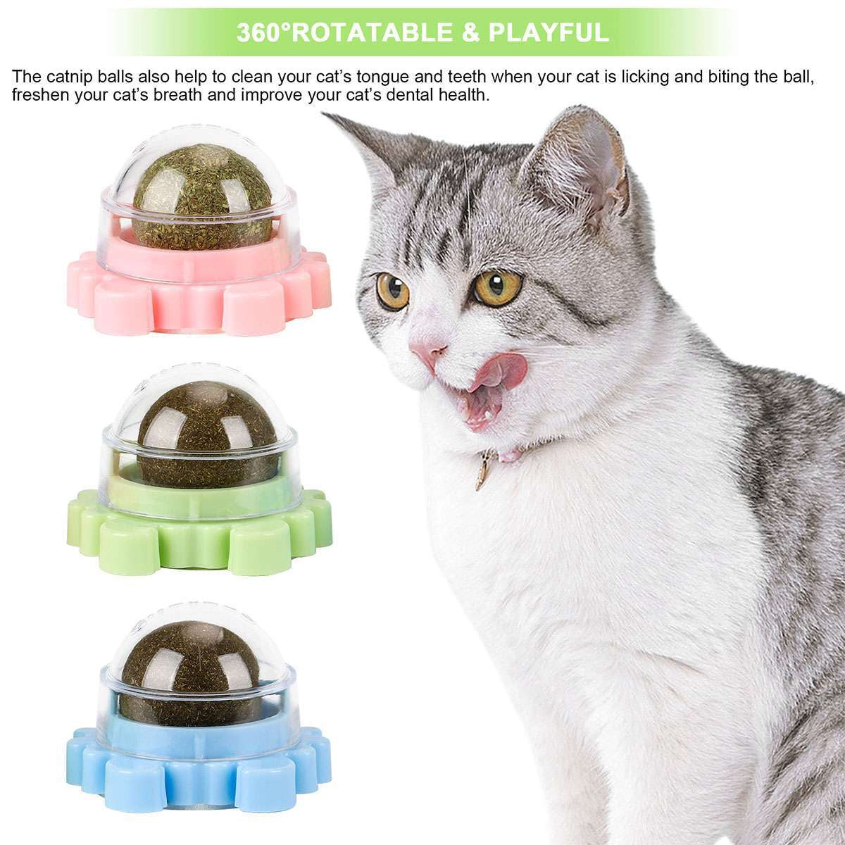 3X Rotatable Catnip Wall Ball Cat Teeth Cleaning Toys Edible Licking Treats Toys